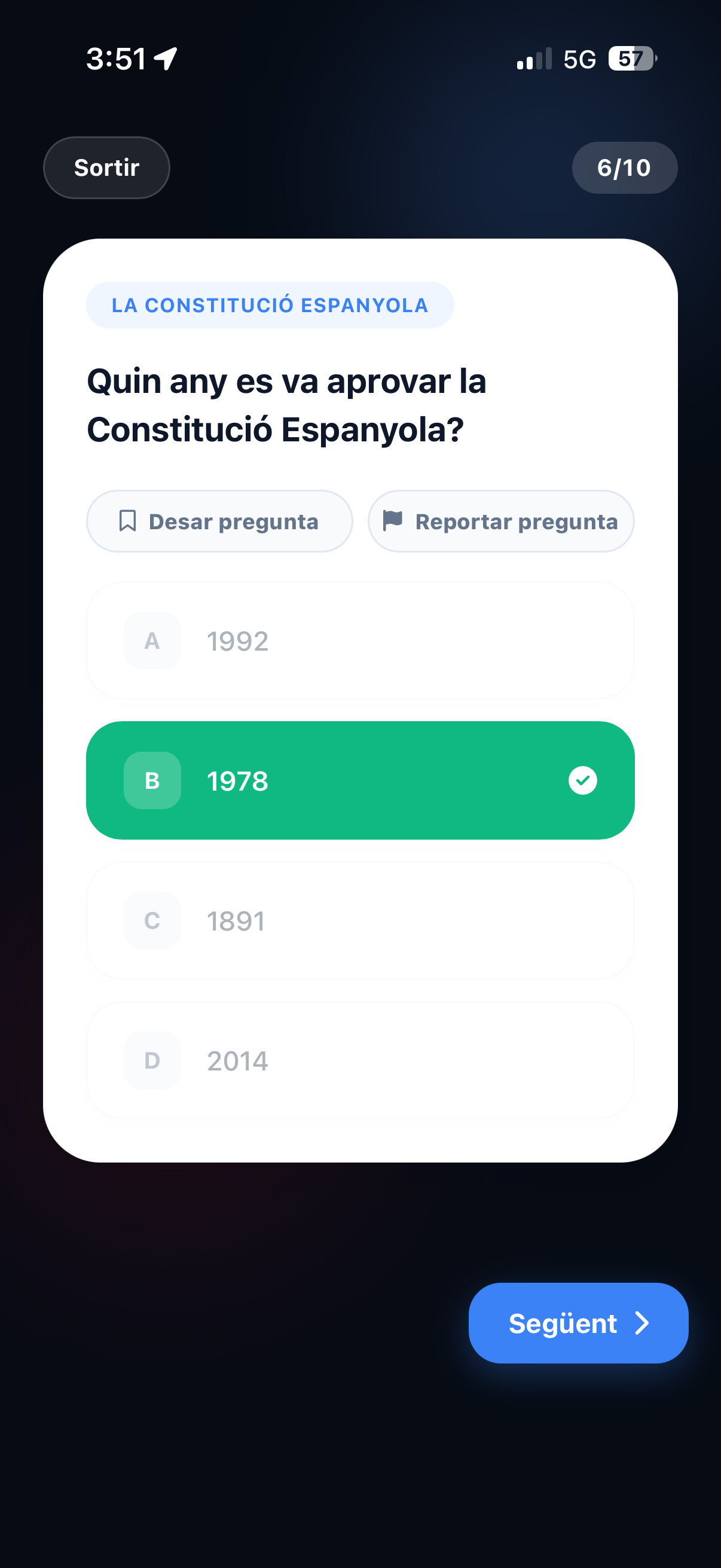 Pantalla de pregunta d'un test d'UrbanCops