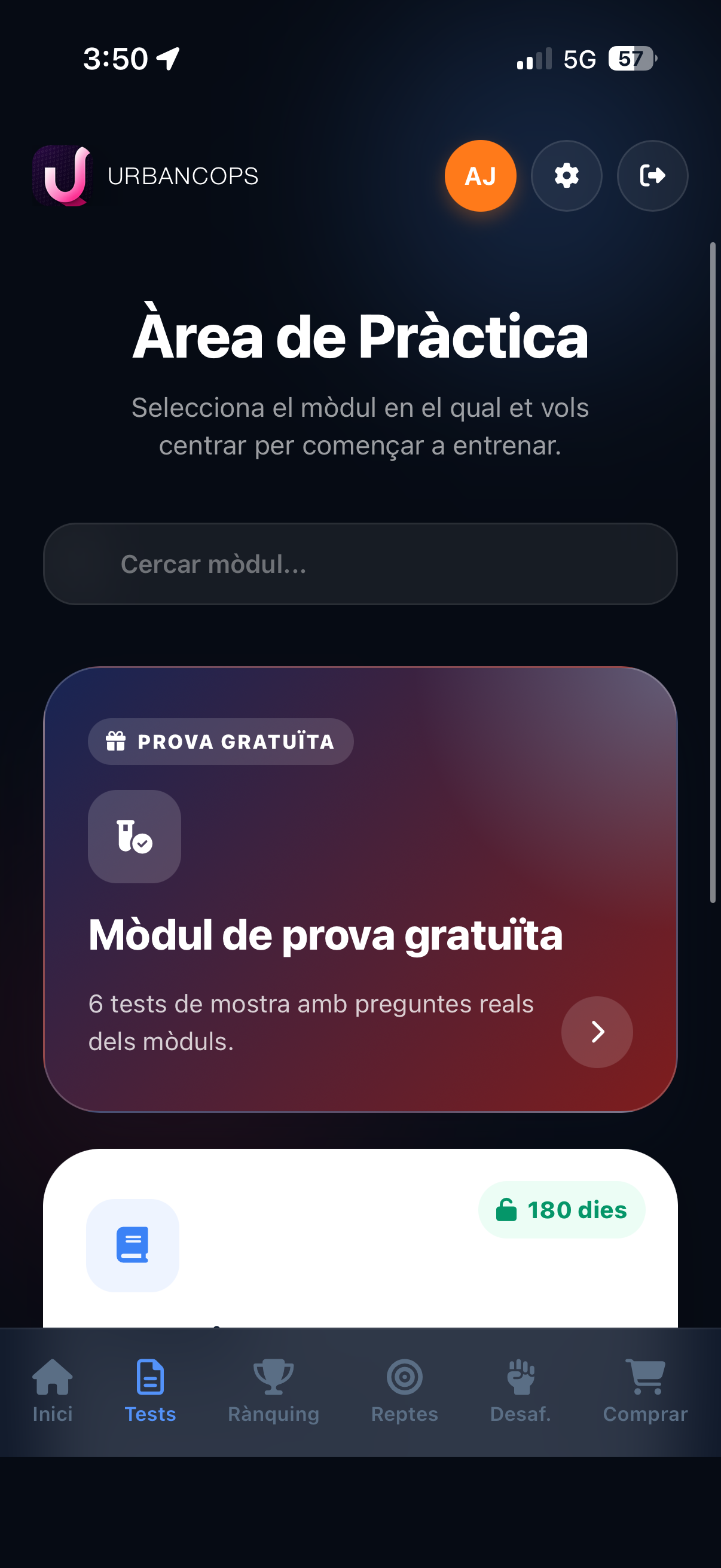 Pantalla de tests i mòduls d'UrbanCops